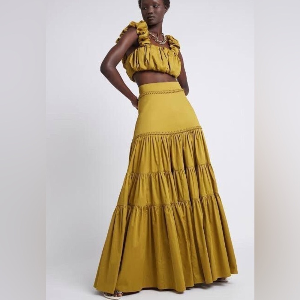AJE CASABLANCA BRAIDED TIERED MAXI SKIRT IN OLIVE GREEN boho quiet luxury